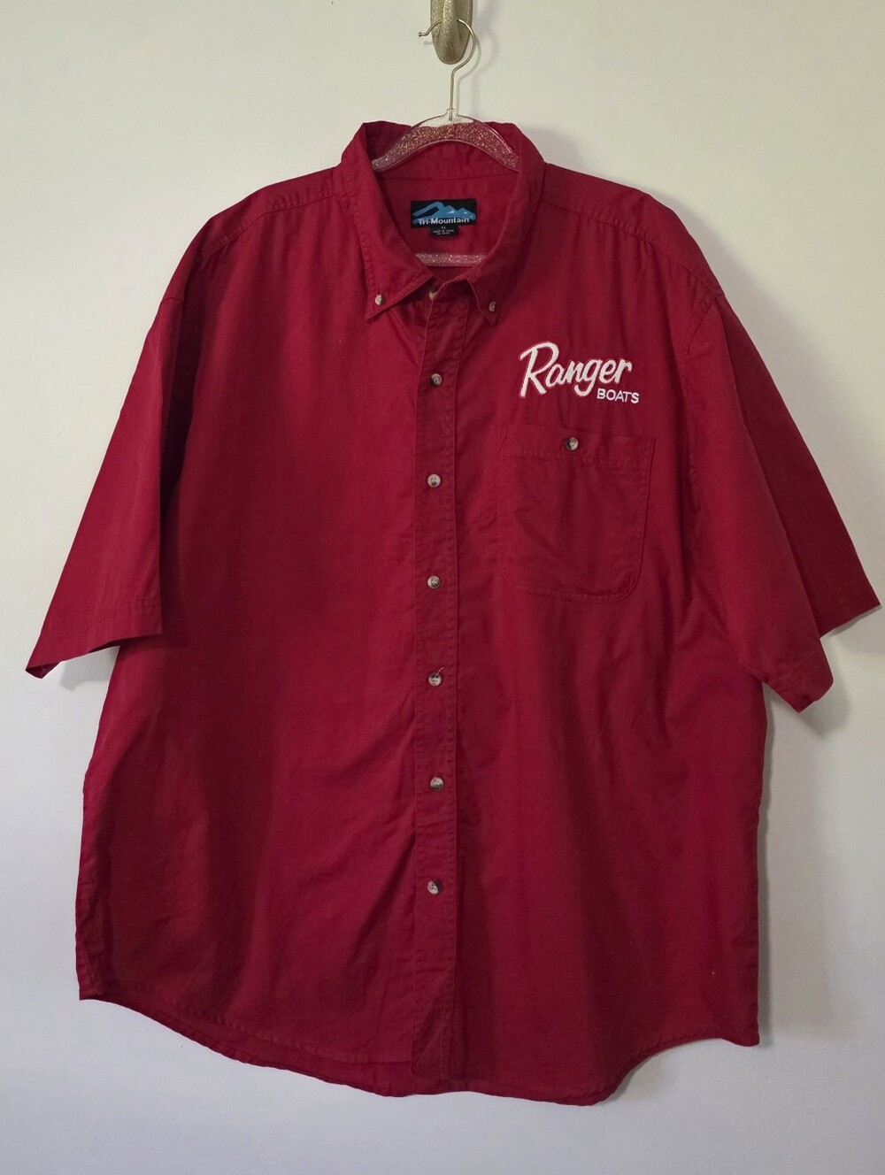Red Embroidered Tri-Mountain Ranger Boats Button Down Shirt Cotton Fishing XL